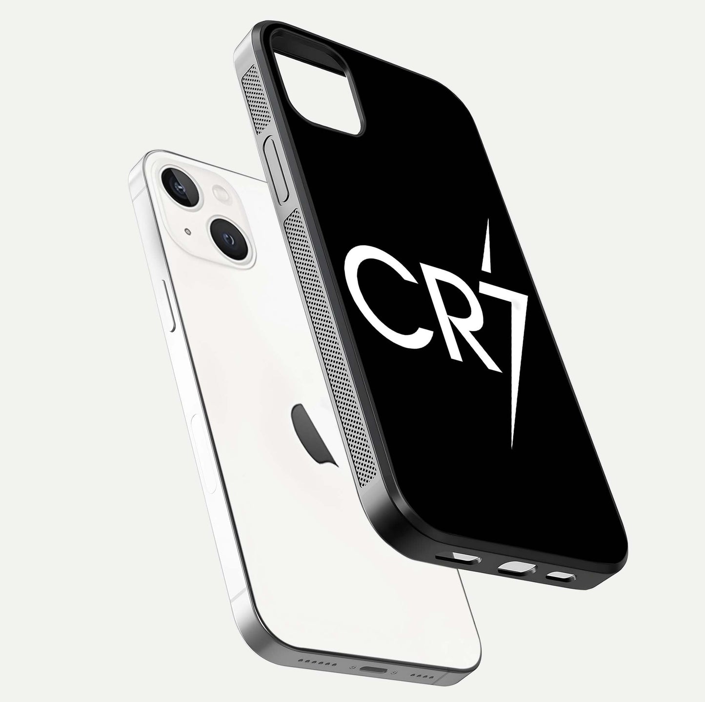 CR7 Elite Strike Glass Case for iPhone 14 Plus floating mockup displaying HD gloss and sporty texture