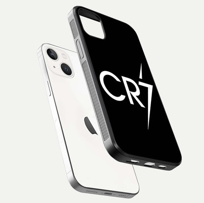 CR7 Elite Strike Glass Case for iPhone 14 Plus floating mockup displaying HD gloss and sporty texture