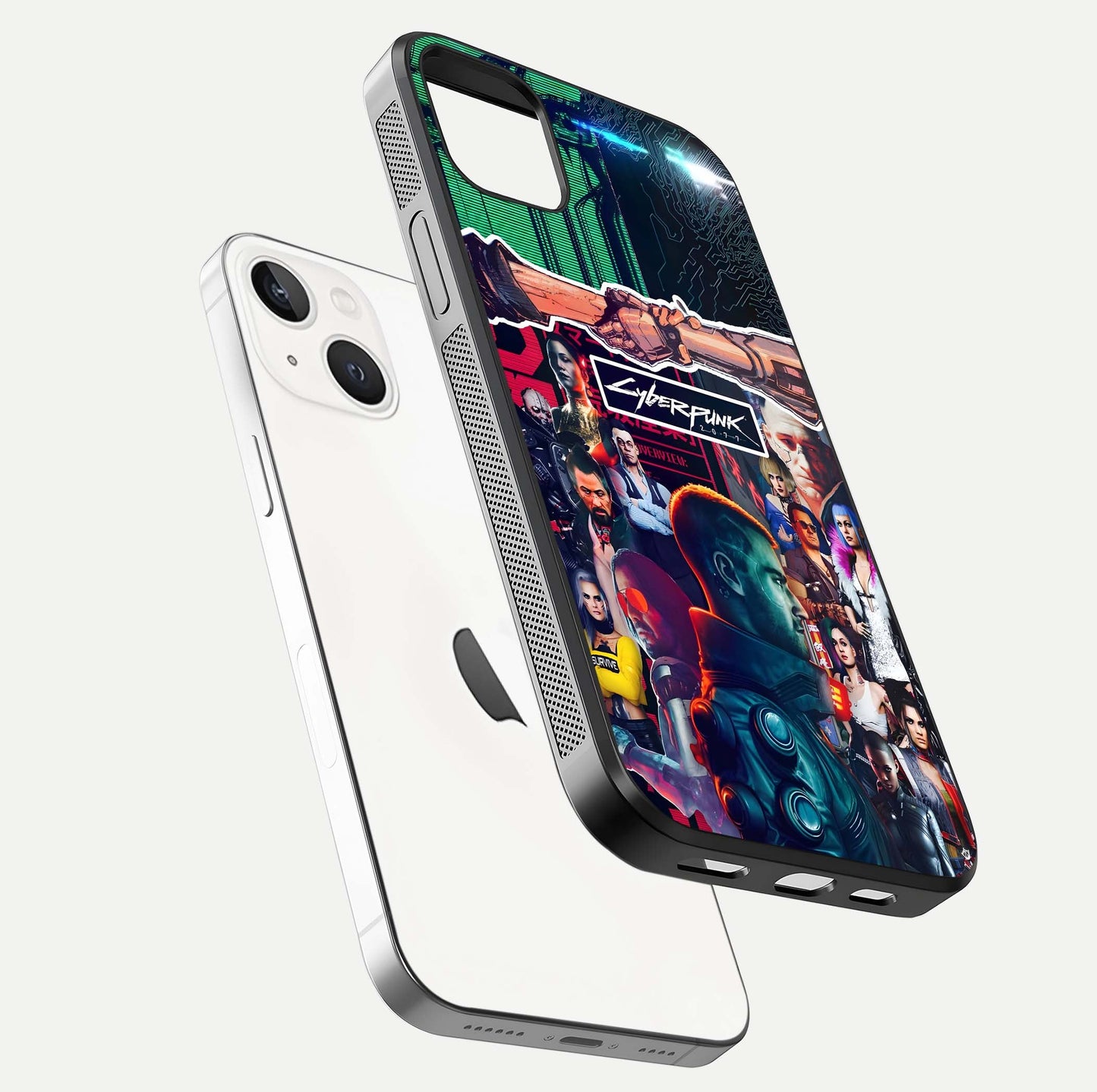 CYBERPUNK Legacy Glass Case for iPhone 14 Plus floating mockup showing HD gloss and neon glow detail