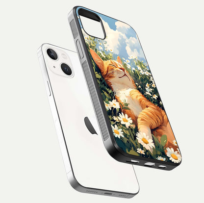 Cat & Flowers View Glass Case for iPhone 14 Plus floating mockup showing design reflection and protective edges