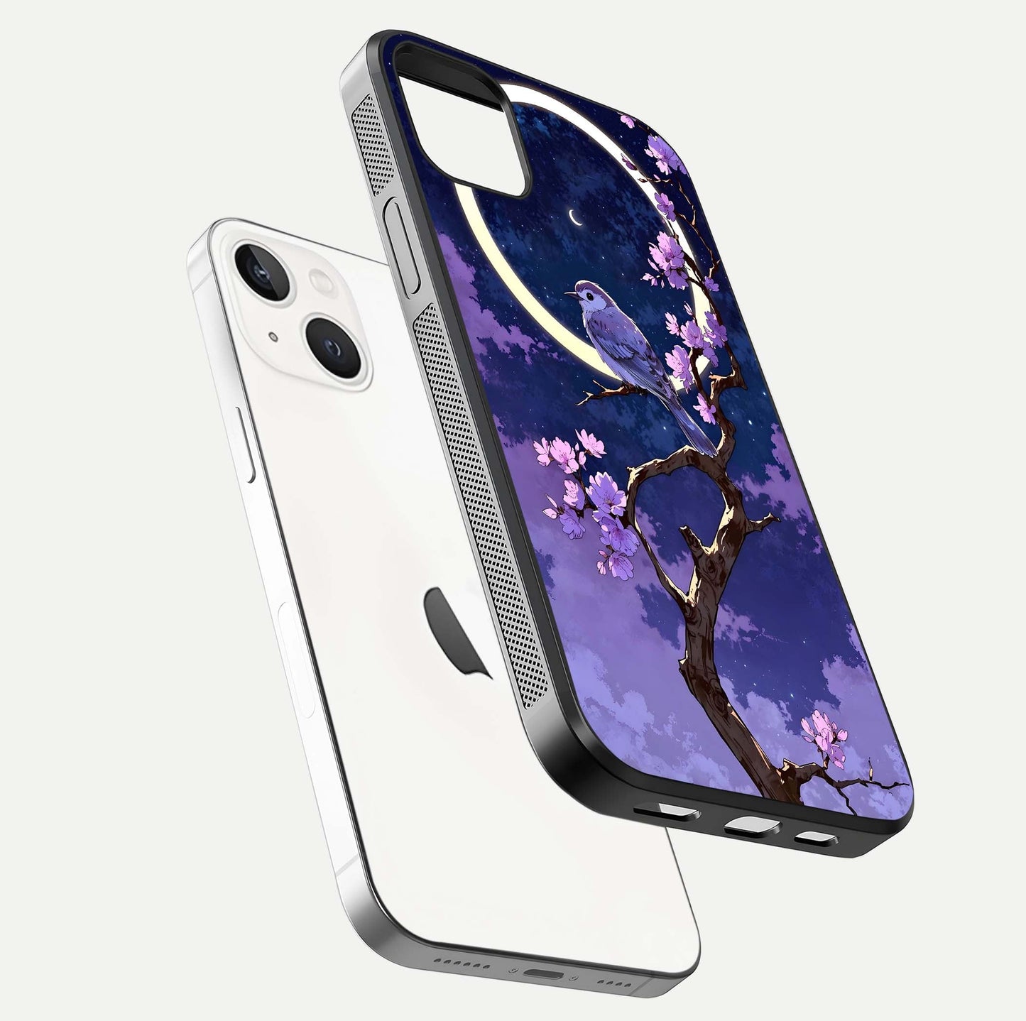 Celestial Bird Blossom Glass Case for iPhone 14 Plus floating mockup showing cosmic floral tones and HD gloss