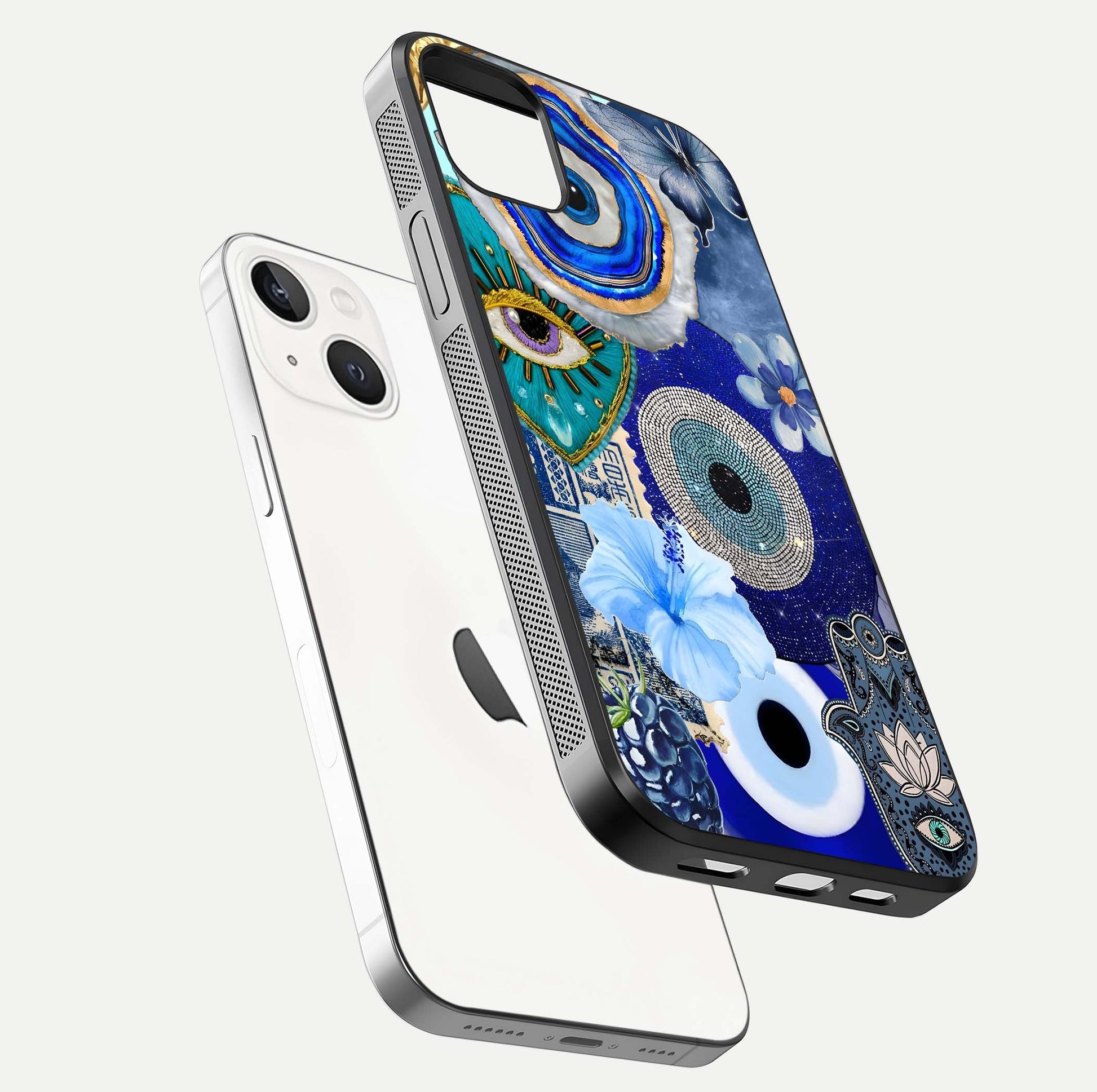 Celestial Blue Vision Glass Case for iPhone 14 Plus floating mockup showing gloss depth and night-sky pattern