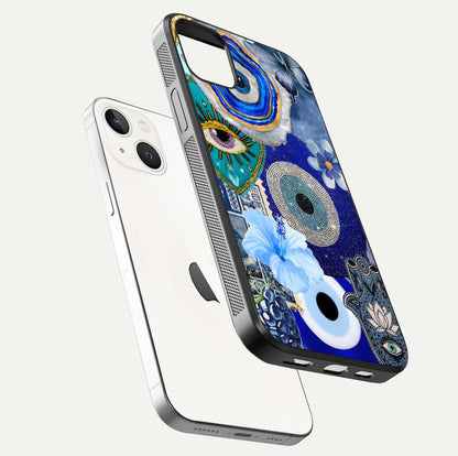 Celestial Blue Vision Glass Case for iPhone 14 Plus floating mockup showing gloss depth and night-sky pattern
