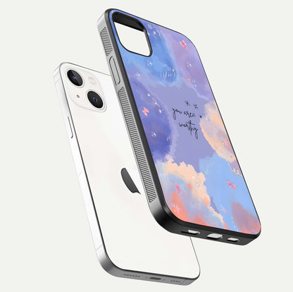 Celestial Cloud Magic Glass Case for iPhone 14 Plus floating mockup displaying cloud aura and HD finish