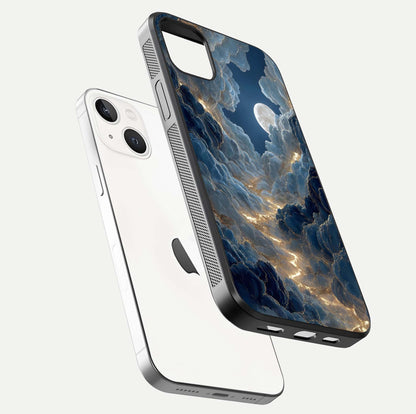Celestial Cloud Road Glass Case for iPhone 14 Plus floating mockup capturing glowing horizon and HD gloss