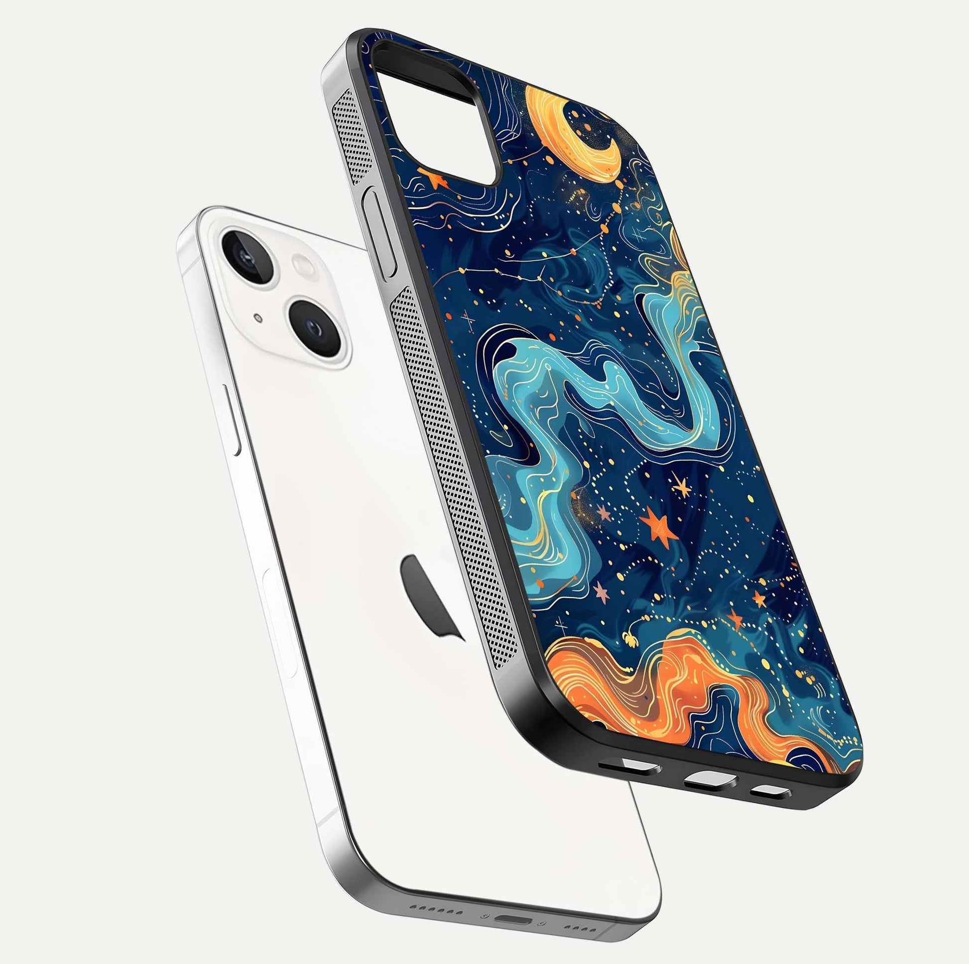 Celestial Dream Flow Glass Case for iPhone 14 Plus floating mockup displaying gloss shimmer and artistic composition