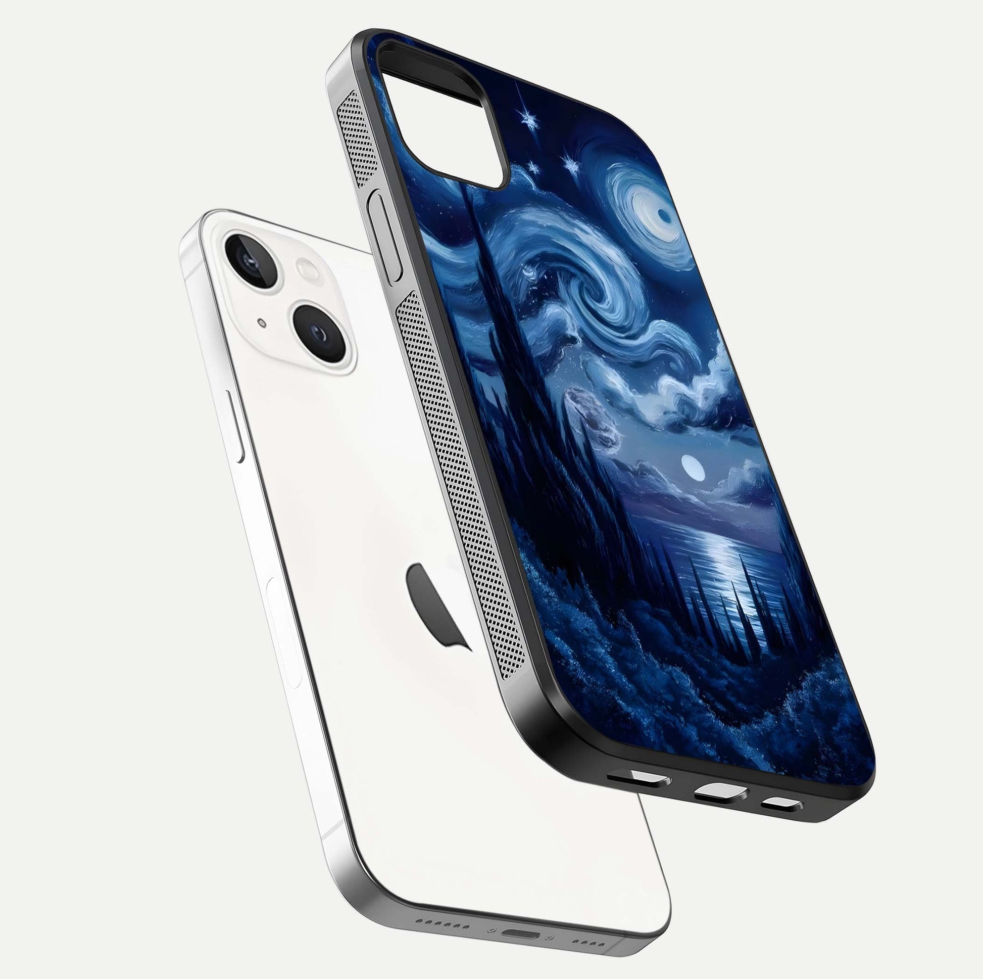 Celestial Dream Van Gogh Glass Case for iPhone 14 Plus floating mockup highlighting cosmic tones and smooth gloss