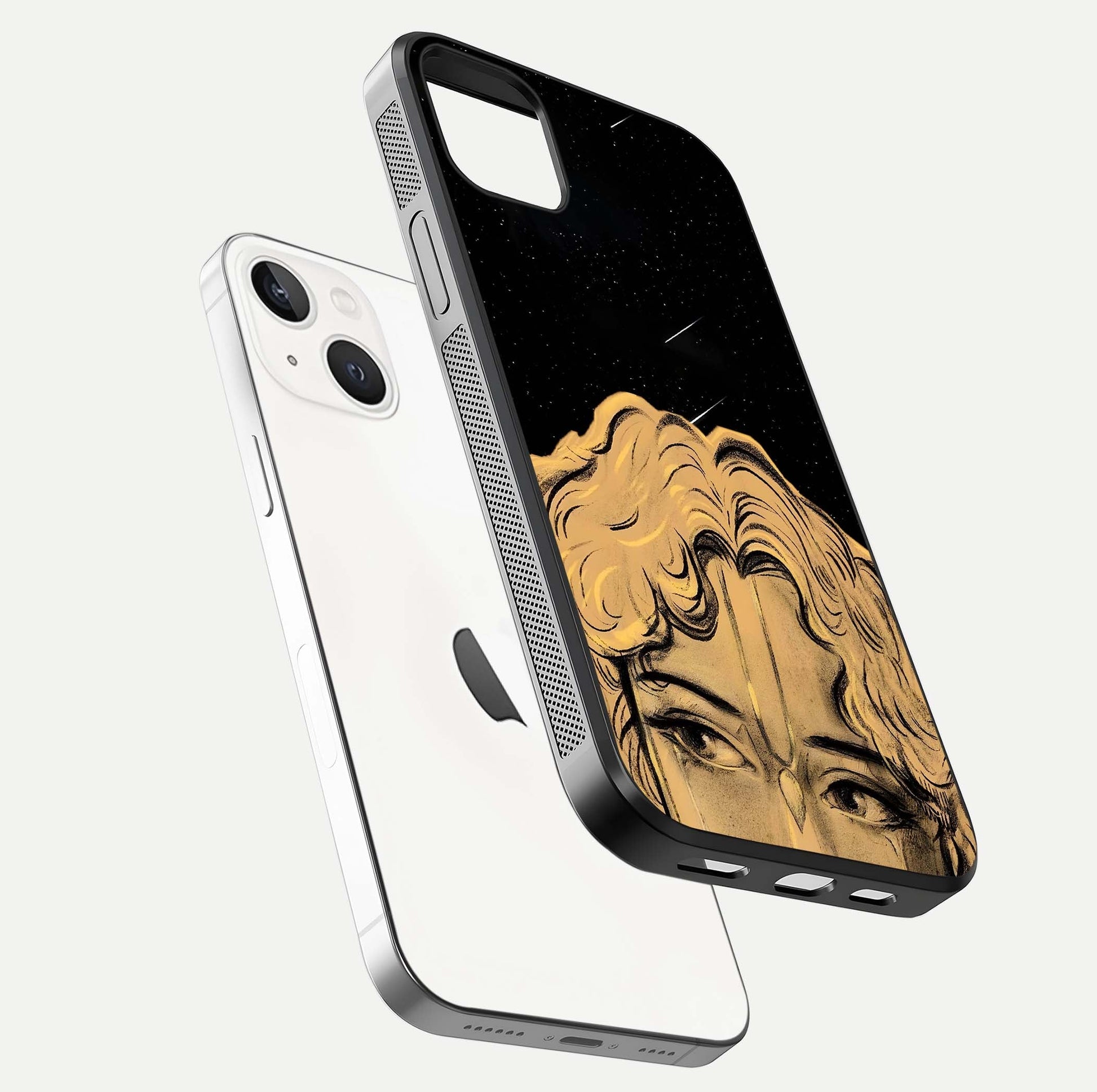 Celestial God’s Plan Glass Case for iPhone 14 Plus floating dual-view mockup displaying gloss surface and vivid print