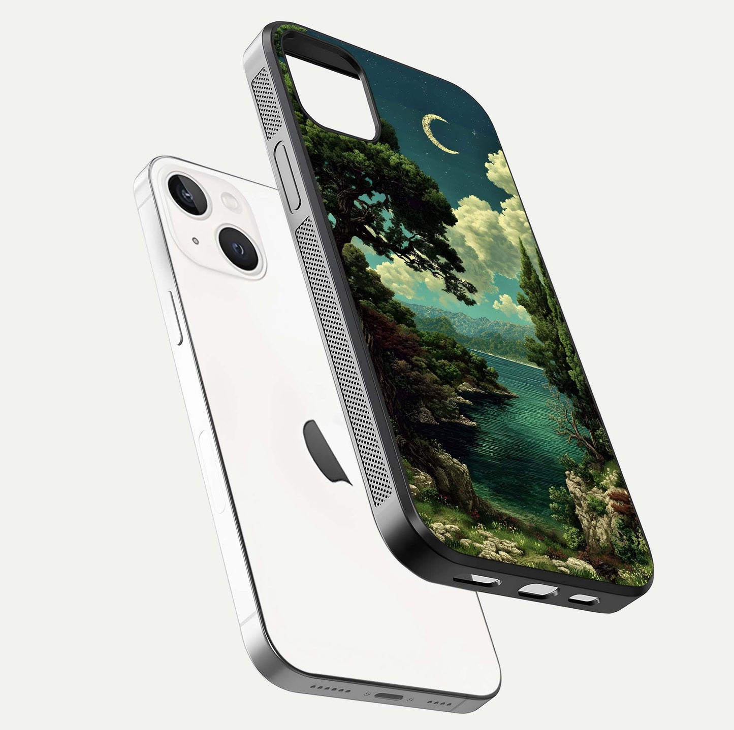 Celestial Lake Peace Glass Case for iPhone 14 Plus floating mockup capturing calm tones and smooth polish