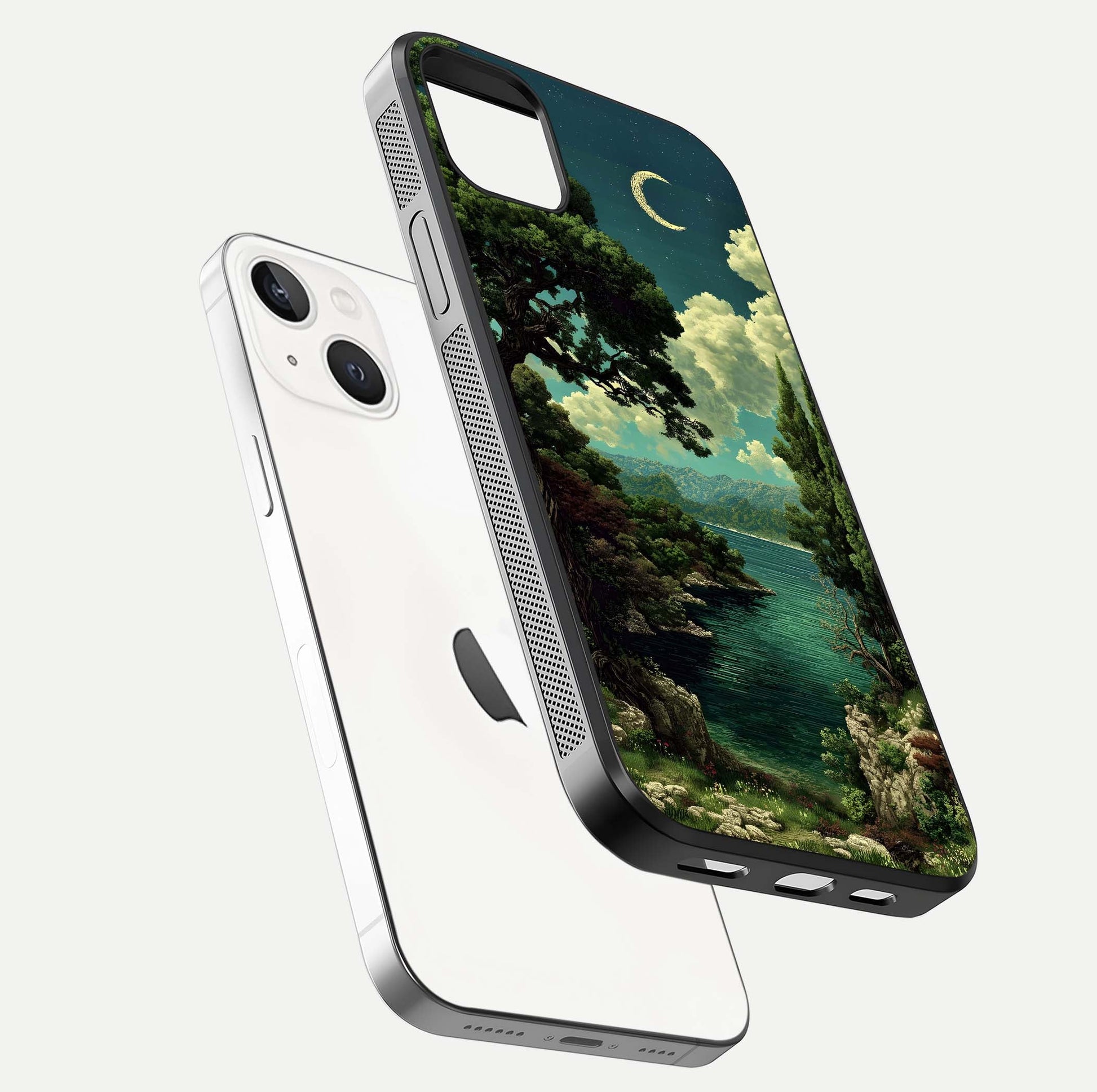 Celestial Lake Peace Glass Case for iPhone 14 Plus floating mockup capturing calm tones and smooth polish
