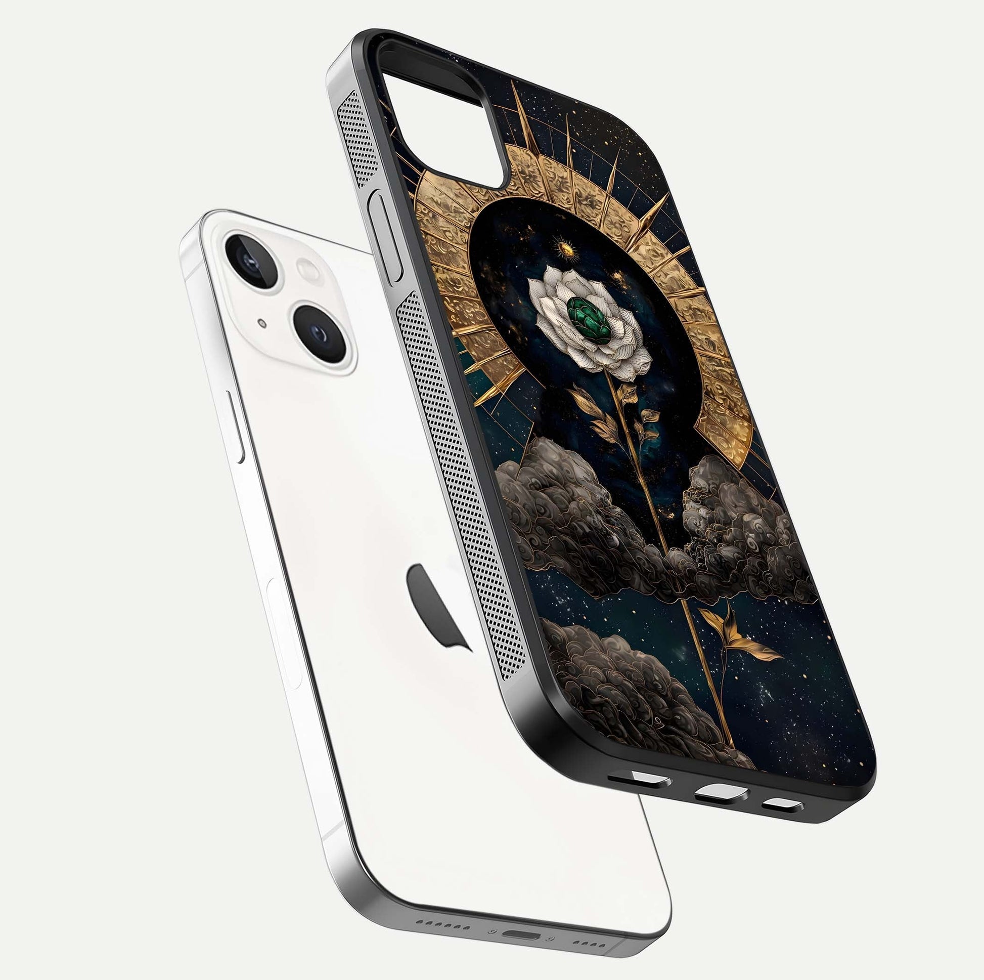 Celestial Lotus Morang Glass Case for iPhone 14 Plus floating mockup showing gloss depth and cosmic lotus glow