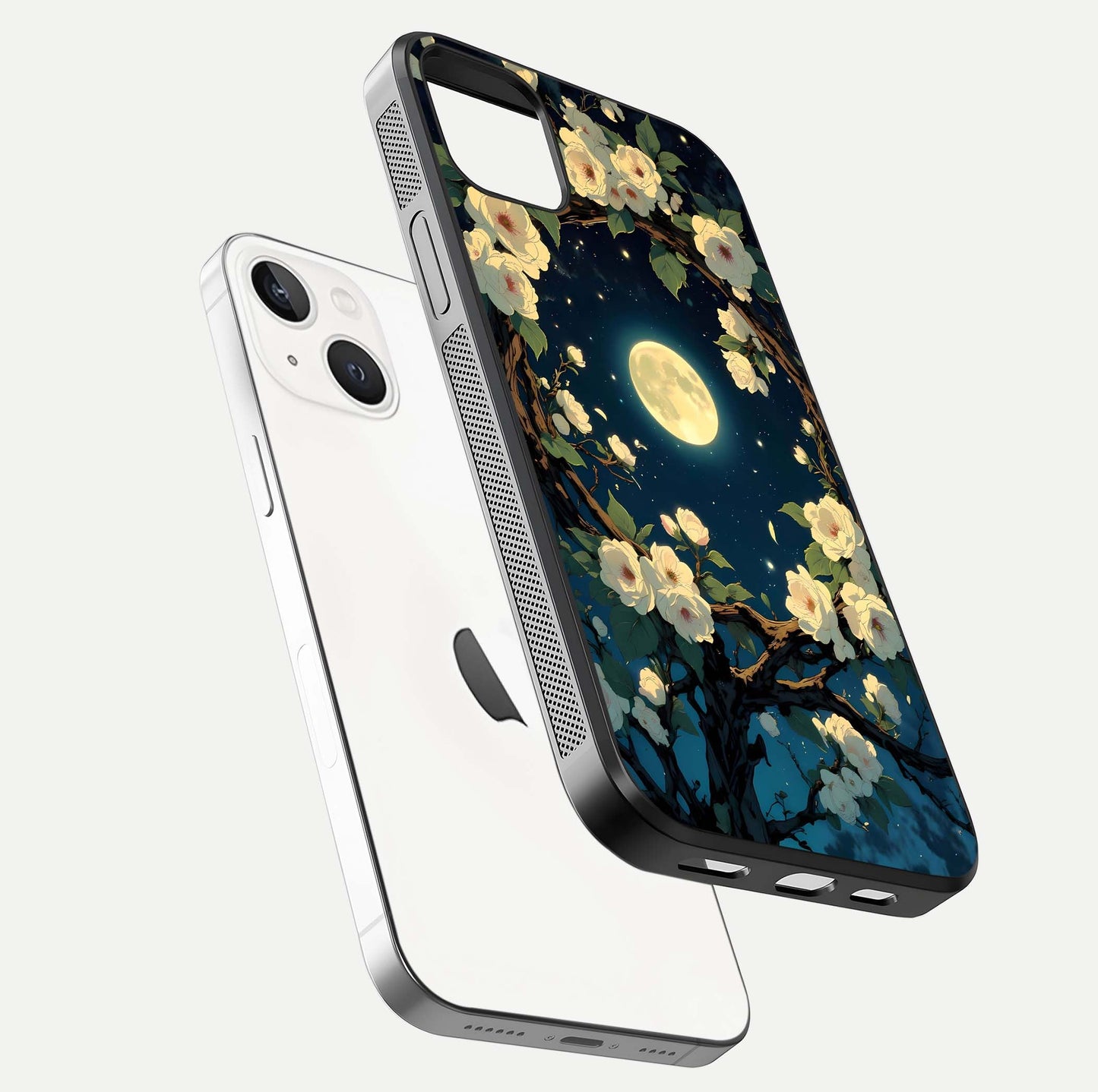 Celestial Moon & Flower Glass Case for iPhone 14 Plus floating mockup emphasizing HD shine and delicate texture