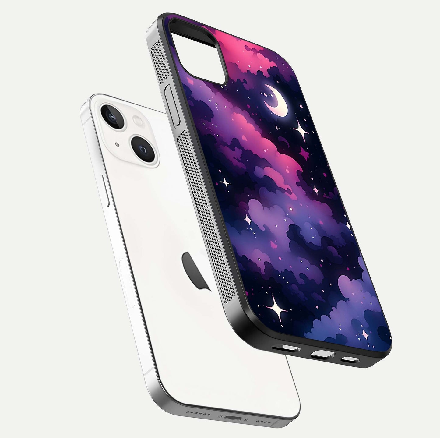 Celestial Moon Magic Glass Case for iPhone 14 Plus floating mockup showing reflection gradient and smooth polish