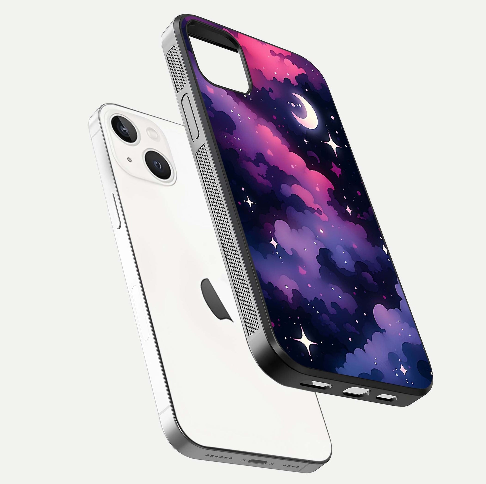 Celestial Moon Magic Glass Case for iPhone 14 Plus floating mockup showing reflection gradient and smooth polish