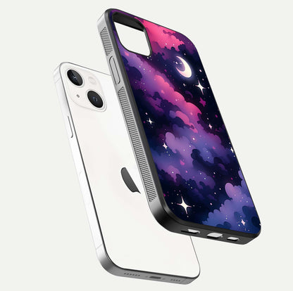 Celestial Moon Magic Glass Case for iPhone 14 Plus floating mockup showing reflection gradient and smooth polish