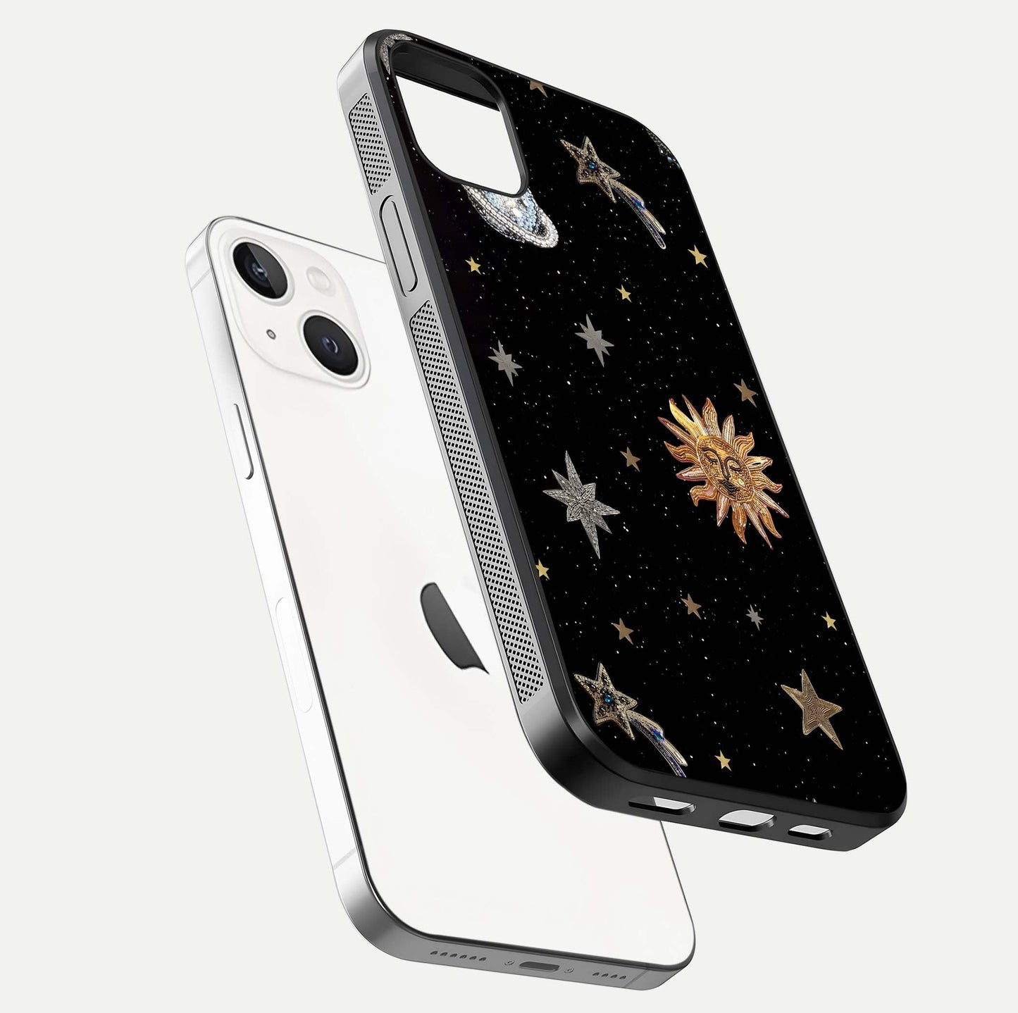 Celestial Moon With Stars Glass Case for iPhone 14 Plus floating mockup emphasizing star depth and gloss clarity