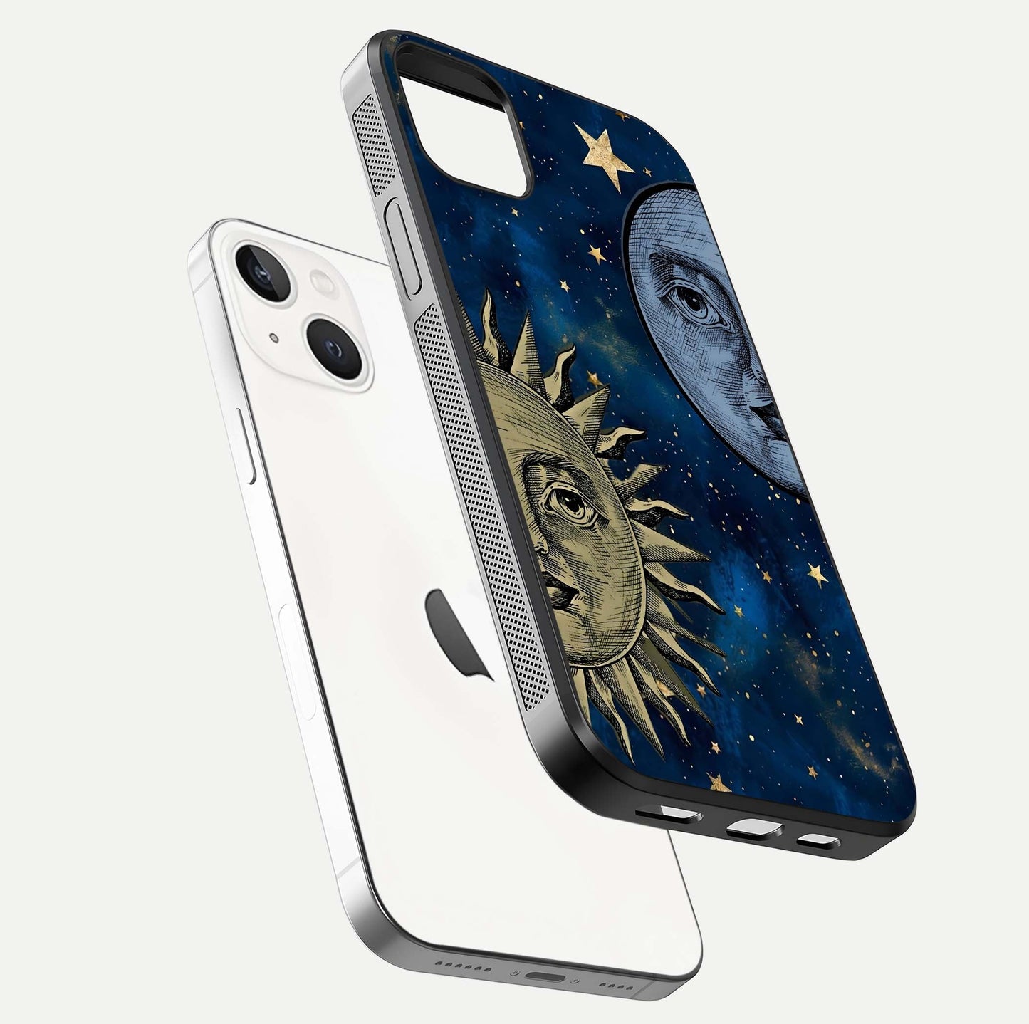 Celestial Moon With Sun Glass Case for iPhone 14 Plus floating mockup displaying vibrant contrast and HD gloss