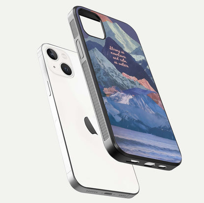 Celestial Mountain Calm Glass Case for iPhone 14 Plus floating mockup showing glow depth and polished edges