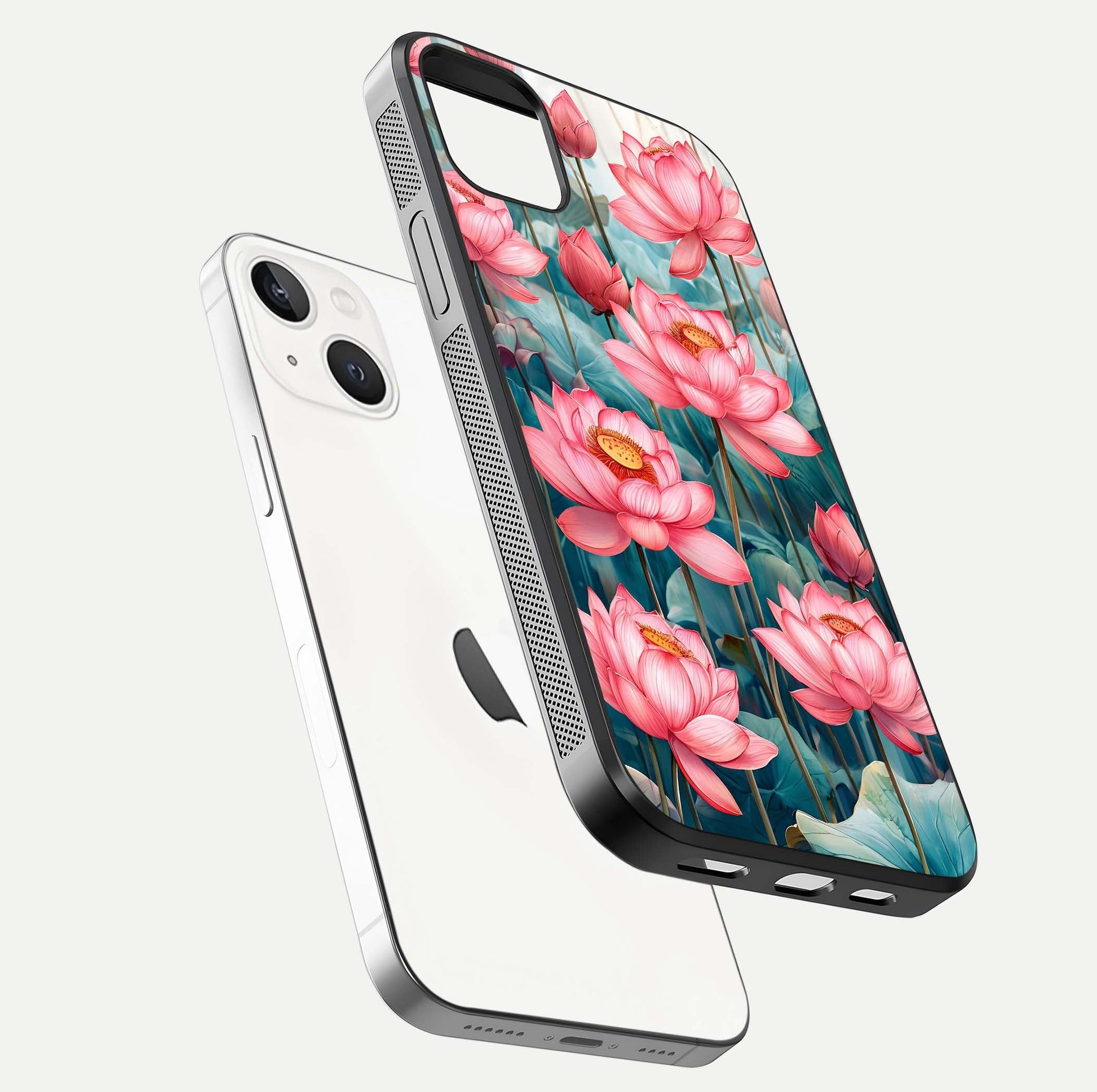 Celestial Pink Lotus Glass Case for iPhone 14 Plus floating mockup displaying cosmic tone and gloss surface