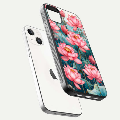 Celestial Pink Lotus Glass Case for iPhone 14 Plus floating mockup displaying cosmic tone and gloss surface