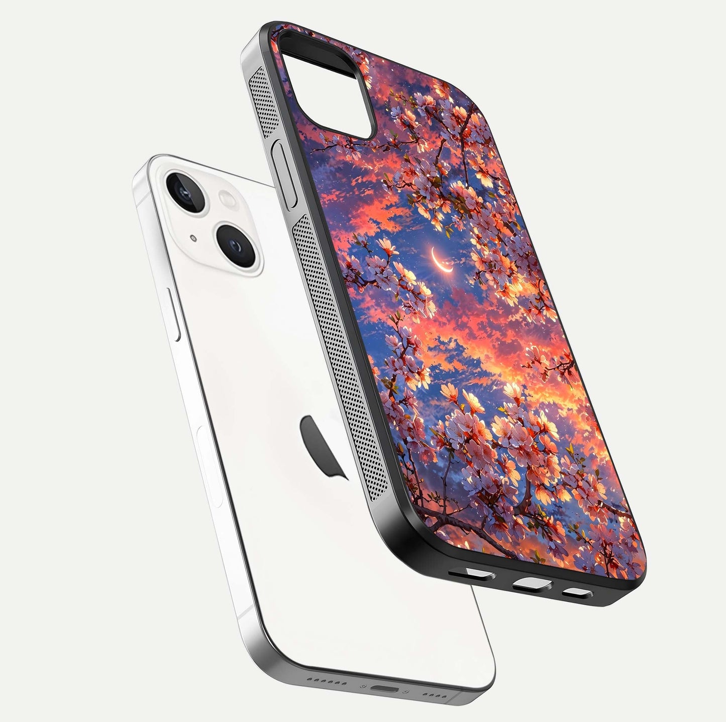 Celestial Sakura Sunset Glass Case for iPhone 14 Plus floating mockup capturing sunset hue and smooth gloss