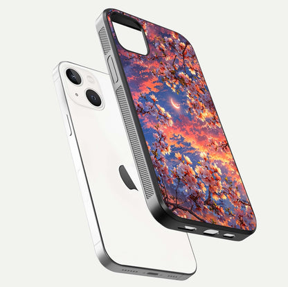 Celestial Sakura Sunset Glass Case for iPhone 14 Plus floating mockup capturing sunset hue and smooth gloss