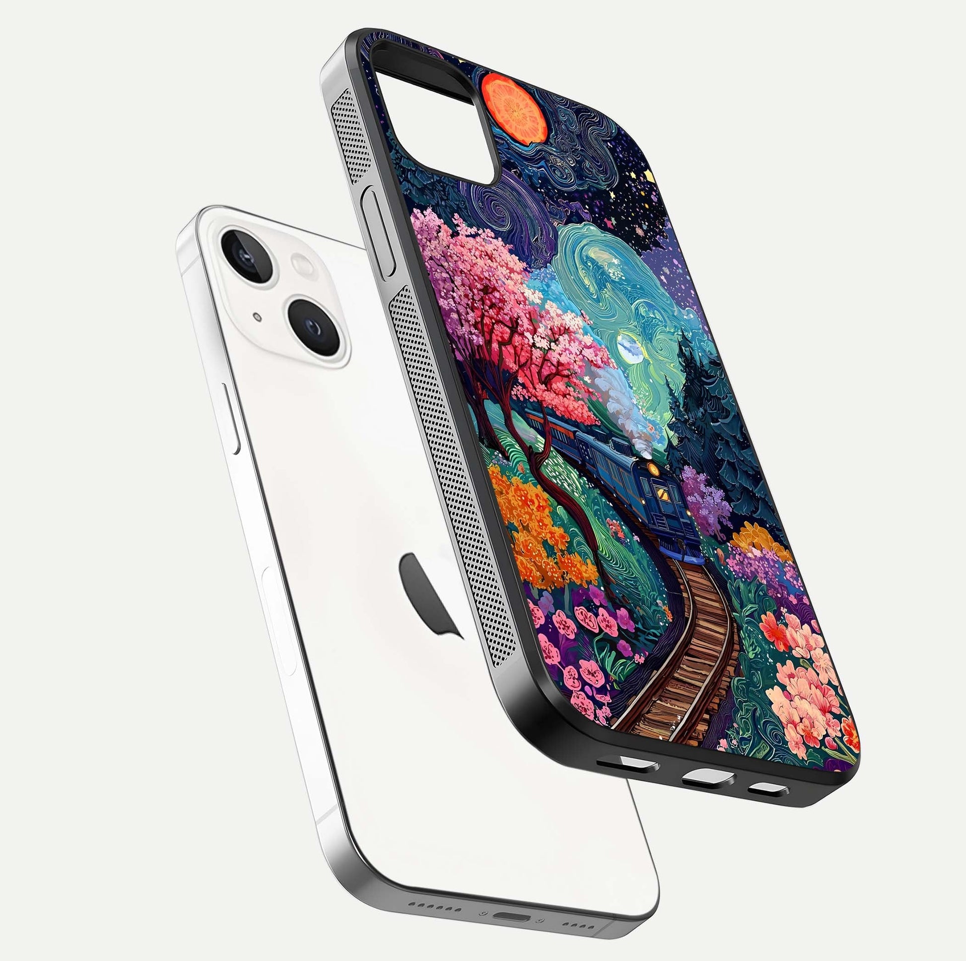 Celestial Train Journey Glass Case for iPhone 14 Plus floating mockup capturing gloss reflection and deep night hues