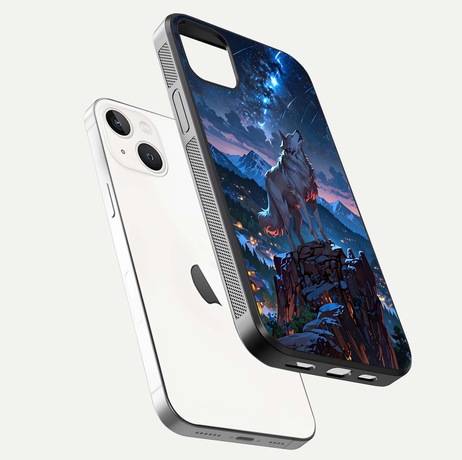 Celestial Wolf Howl Glass Case for iPhone 14 Plus floating mockup capturing reflection depth and silver gloss