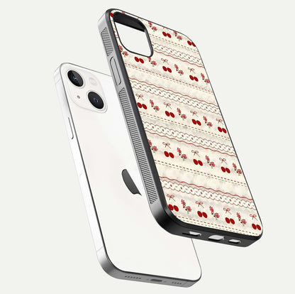 Cherry Bloom Charm Glass Case for iPhone 14 Plus floating mockup showing bloom texture and polished gloss