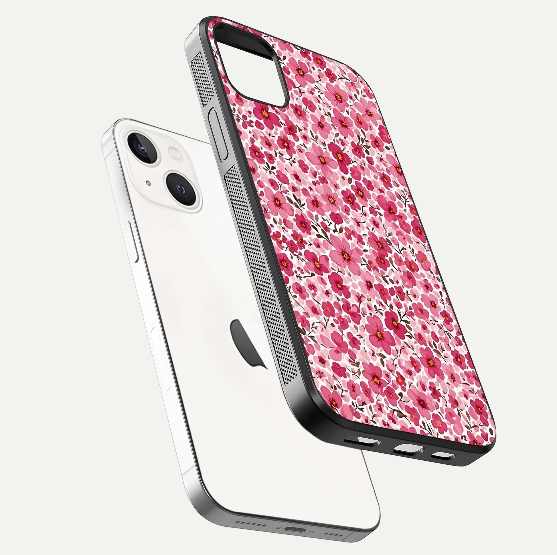 Cherry Blossom Charm Glass Case for iPhone 14 Plus floating mockup displaying pink tone flow and polished edges