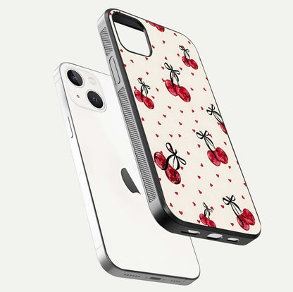 Cherry Heart Bow Glass Case for iPhone 14 Plus floating mockup showing reflection and HD print detail