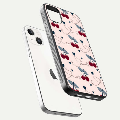 Cherry Heart Line Glass Case for iPhone 14 Plus floating mockup showing gloss polish and bright tones