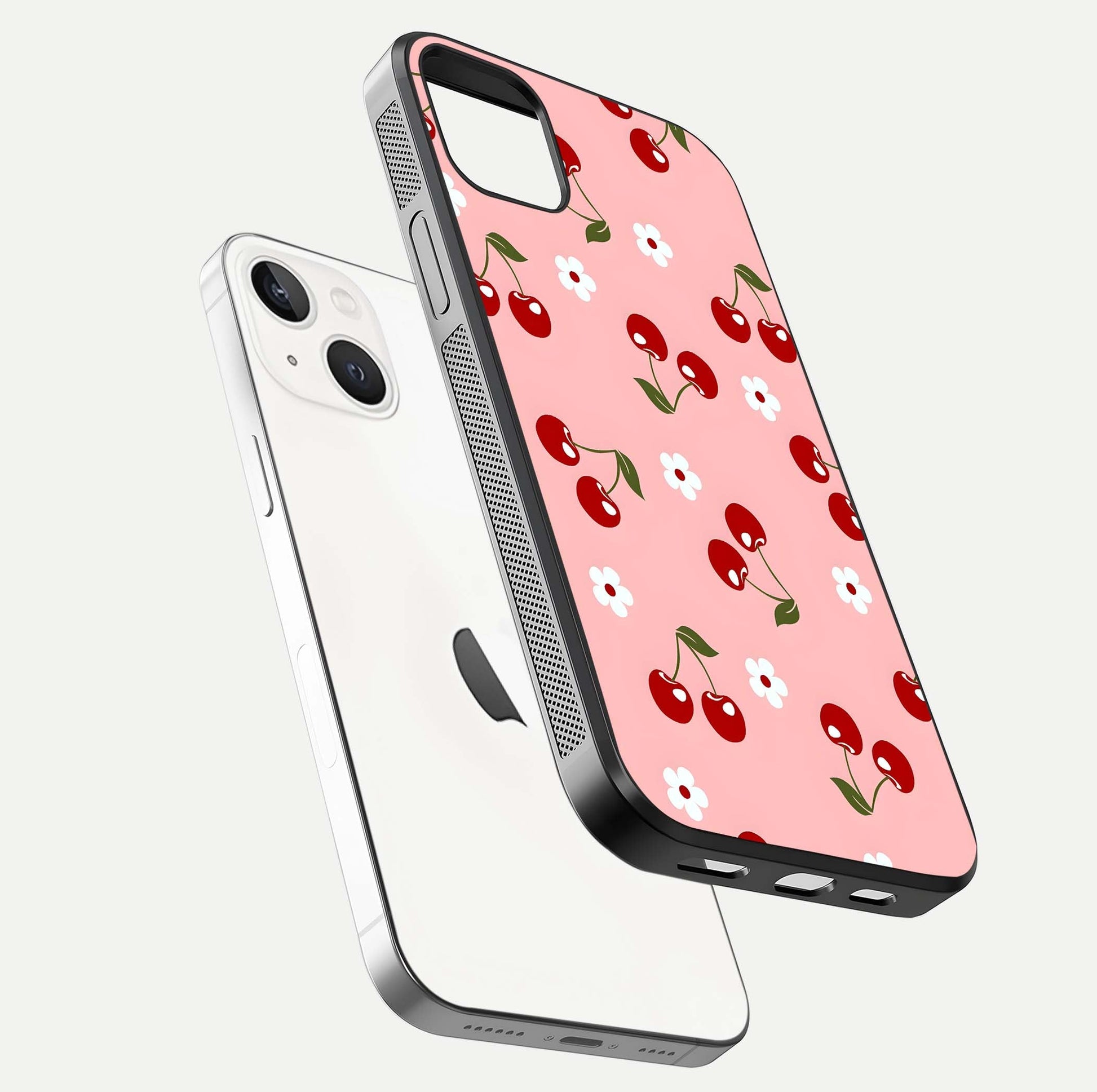 Cherry Love Mood Glass Case for iPhone 14 Plus floating mockup showing HD gloss reflection and red tones
