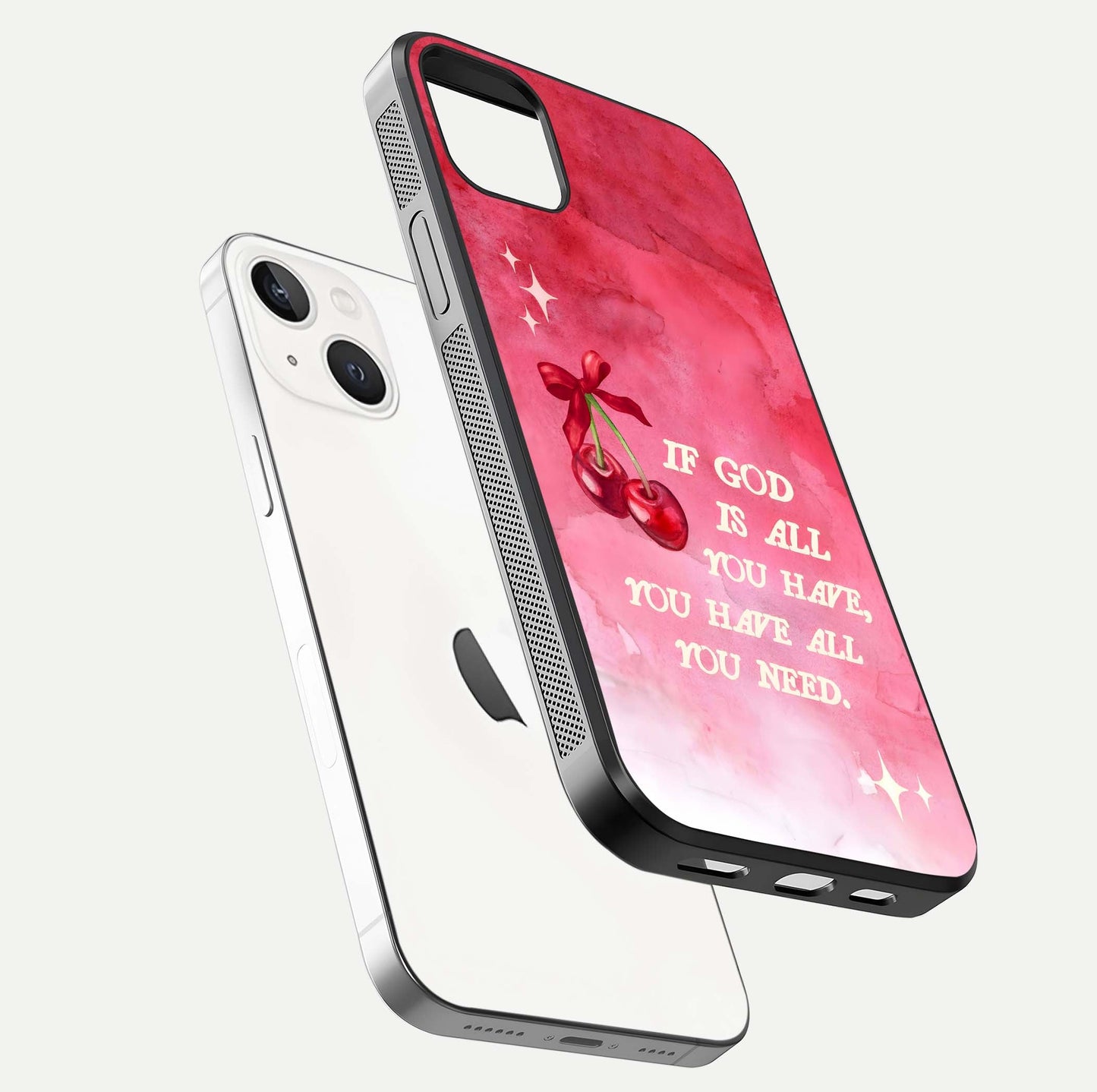 Cherry Quote Glass Case for iPhone 14 Plus floating mockup capturing shine texture and clear typography