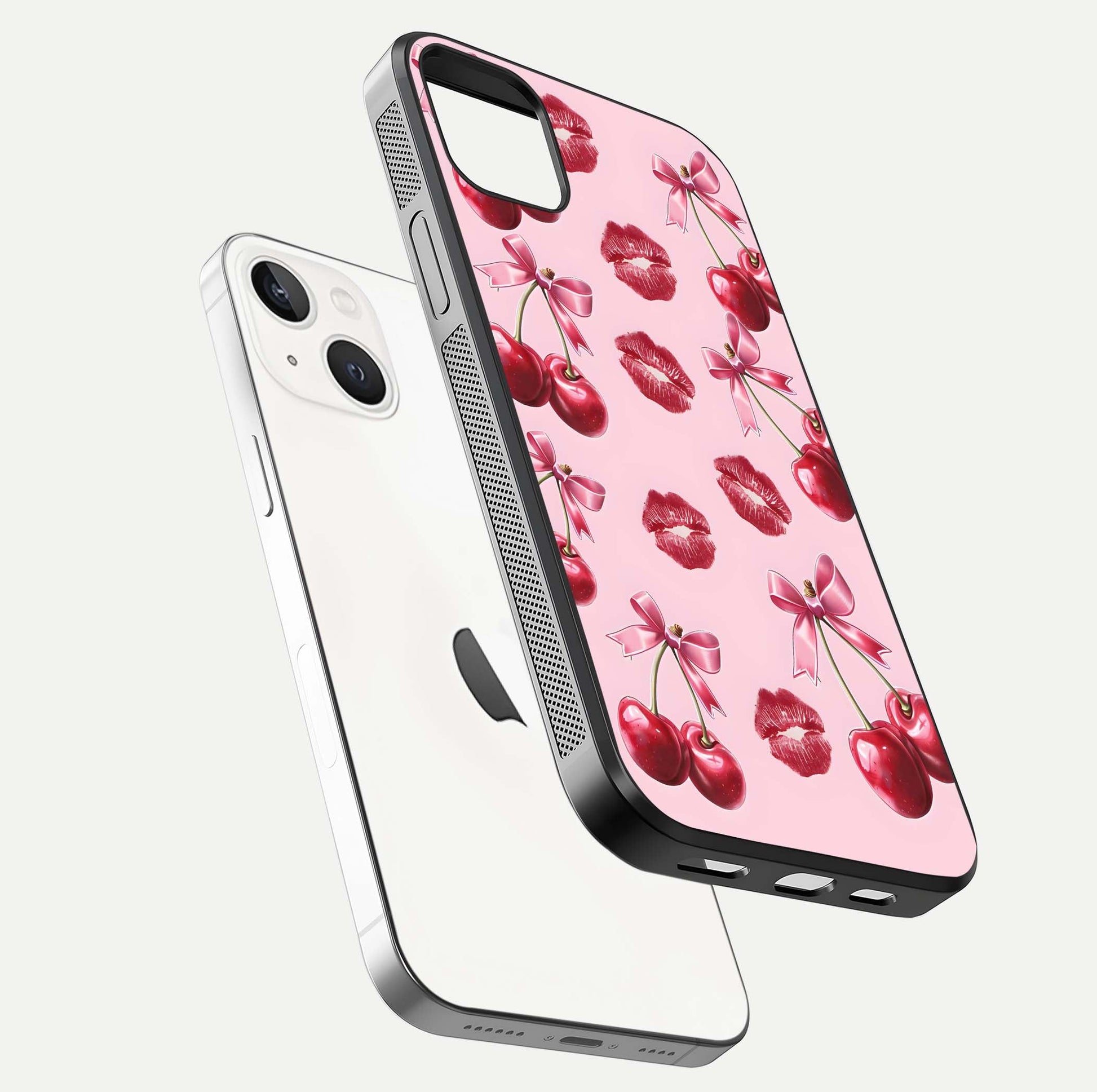 Cherry With Lips Glass Case for iPhone 14 Plus floating mockup showing HD gloss and pop-art inspired tones