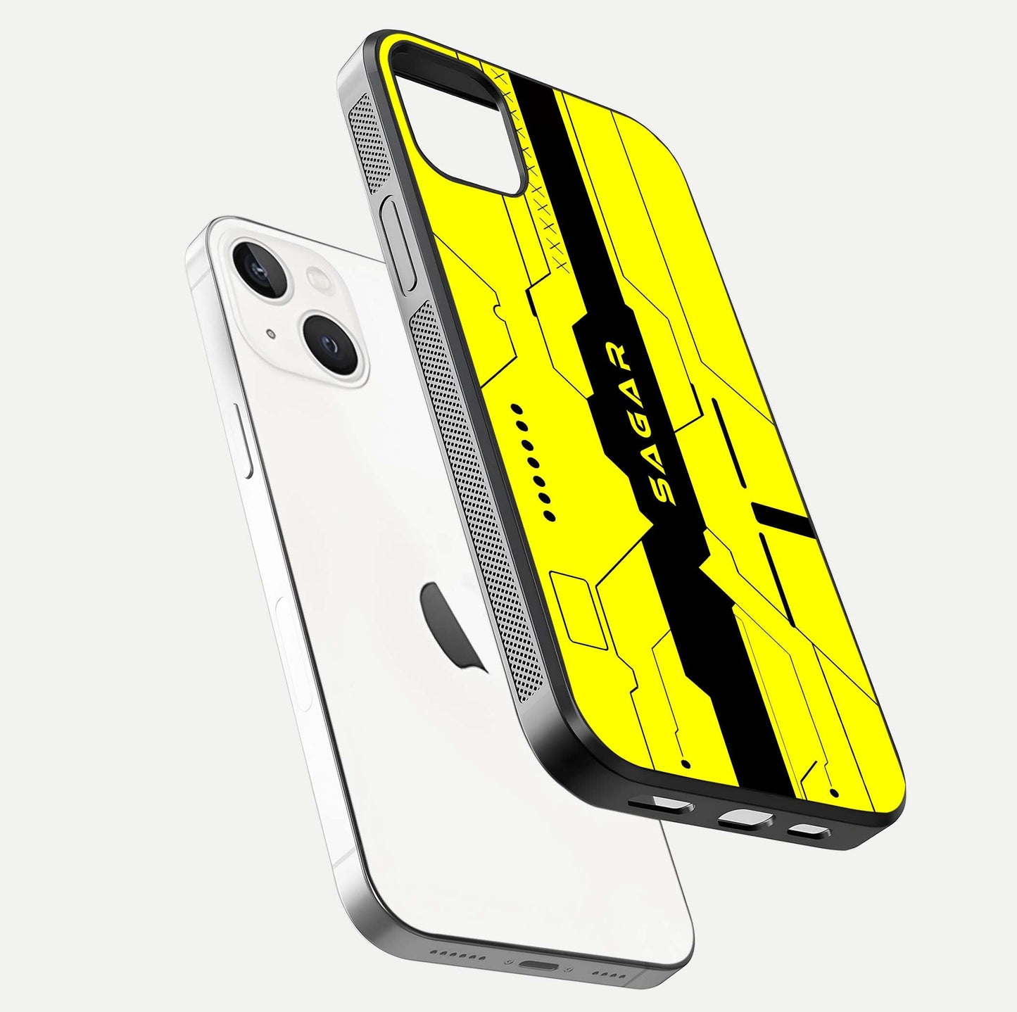 Circuit CYBERPUNK Custom Name Glass Case for iPhone 14 Plus floating mockup capturing glow effects and polished shine
