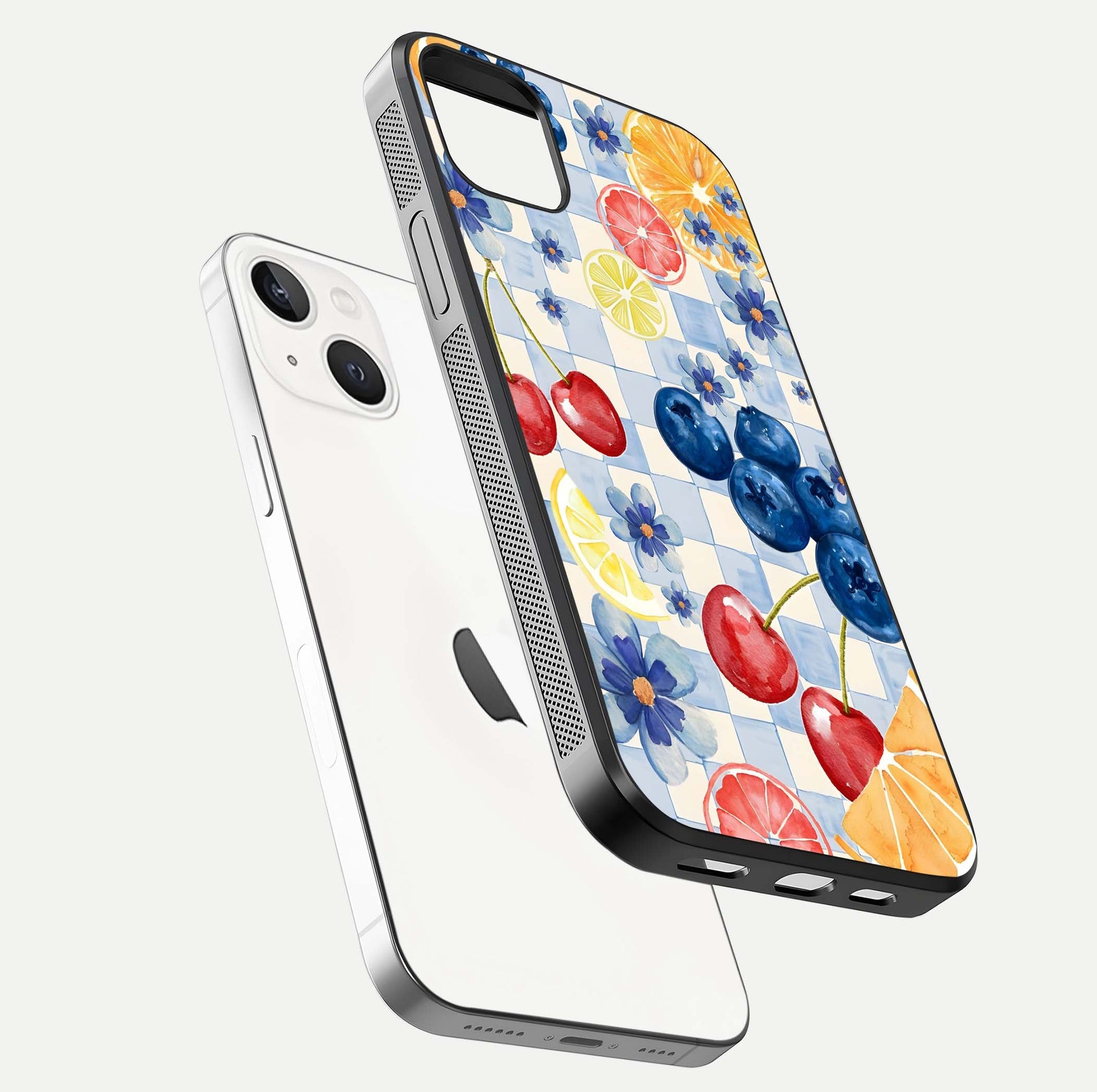 Citrus Bloom Joy Glass Case for iPhone 14 Plus floating mockup showing HD gloss and lively tone
