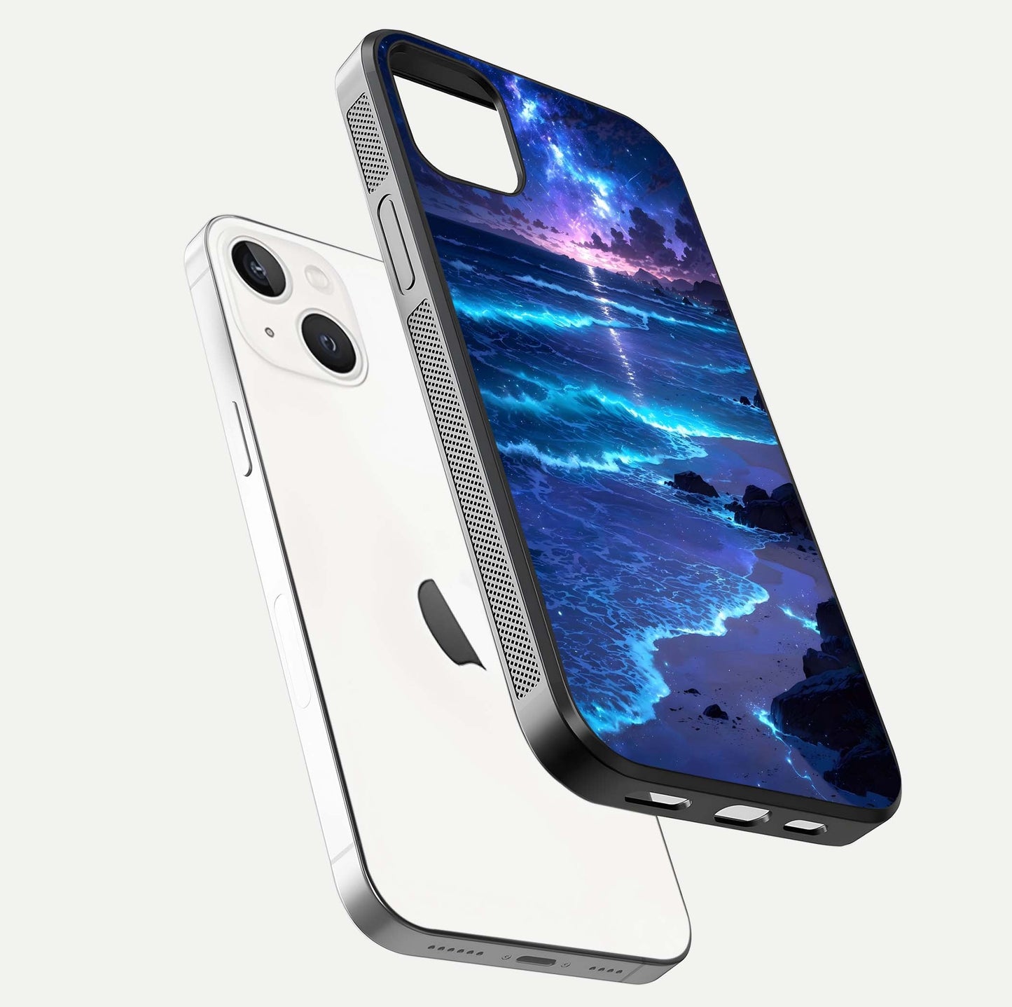 Classic Damn Look Glass Case for iPhone 14 Plus floating mockup emphasizing HD gloss and stylish edges