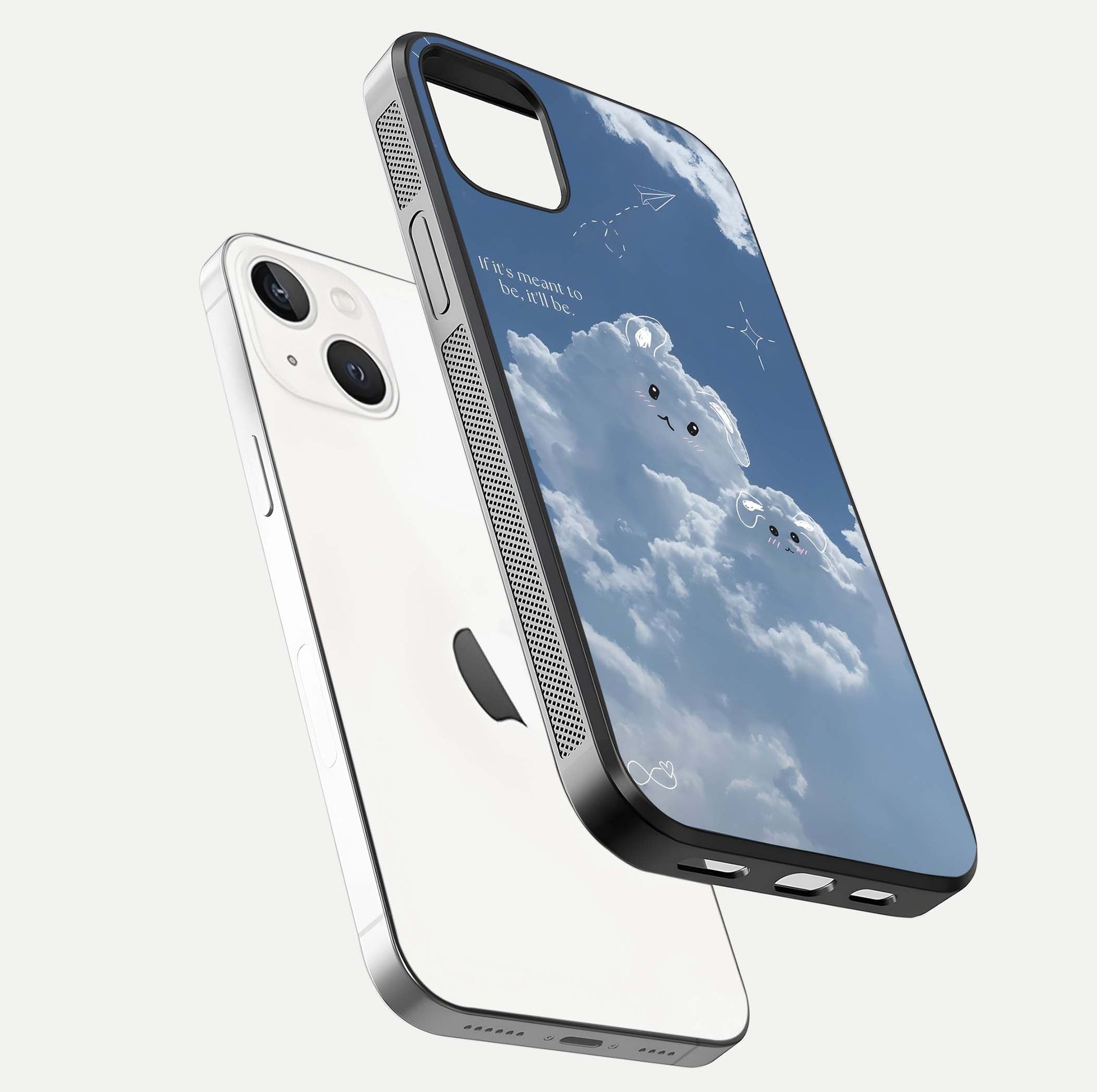 Cloud Bunny Dreams Glass Case for iPhone 14 Plus floating mockup showing soft gradient and gloss reflection