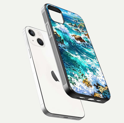Coastal Blue Waves Glass Case for iPhone 14 Plus floating mockup showing HD reflection and wave details