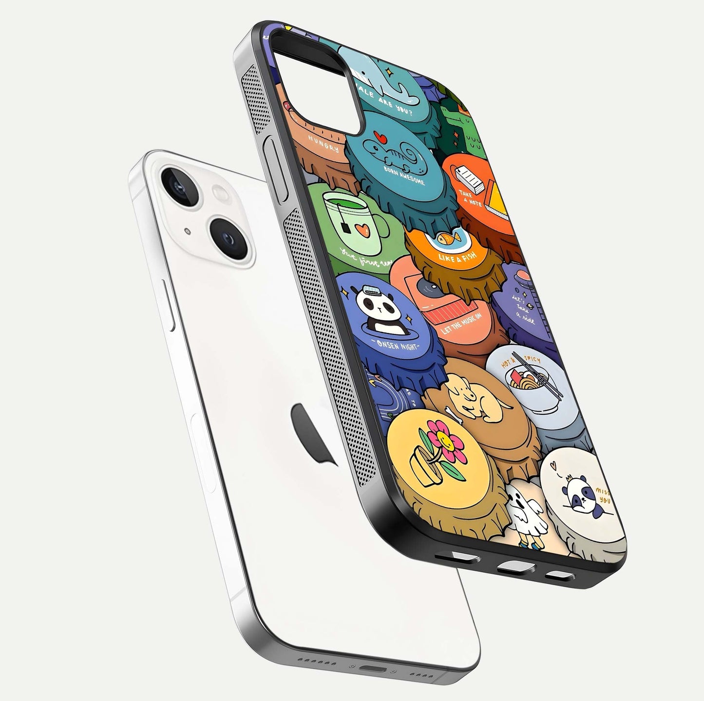 Coins Patterns Glass Case for iPhone 14 Plus floating mockup showing reflection depth and smooth tone