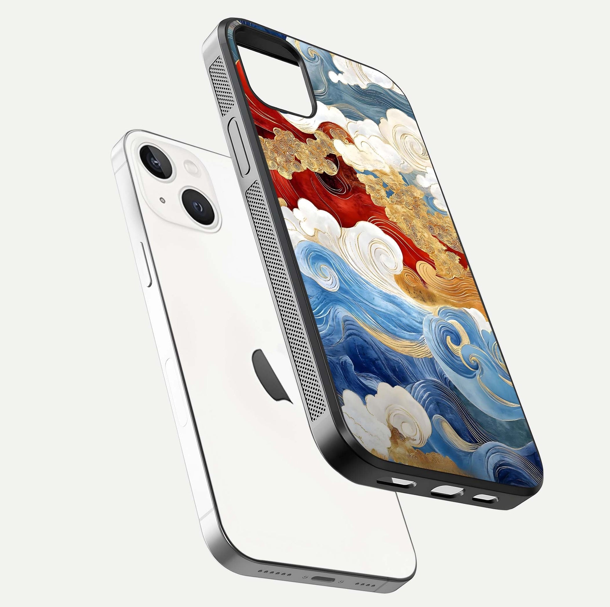 Colored Waves Glass Case for iPhone 14 Plus floating dual-view mockup displaying gloss finish and color contrast