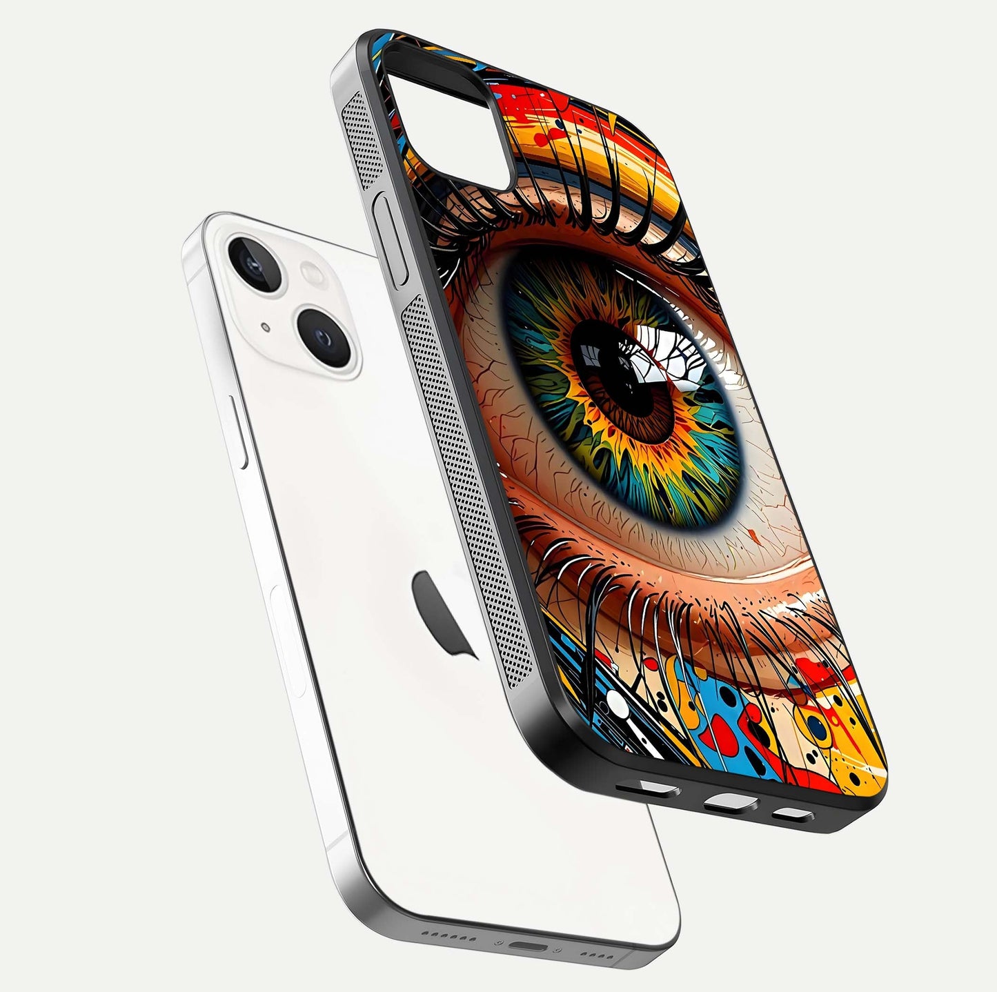 Colorful Eye Glass Case for iPhone 14 Plus floating mockup showing bright contrast and gloss clarity