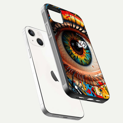 Colorful Eye Glass Case for iPhone 14 Plus floating mockup showing bright contrast and gloss clarity