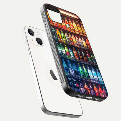 Colorful Soda Bottles Glass Case for iPhone 14 Plus floating mockup showing light reflection and bright gloss