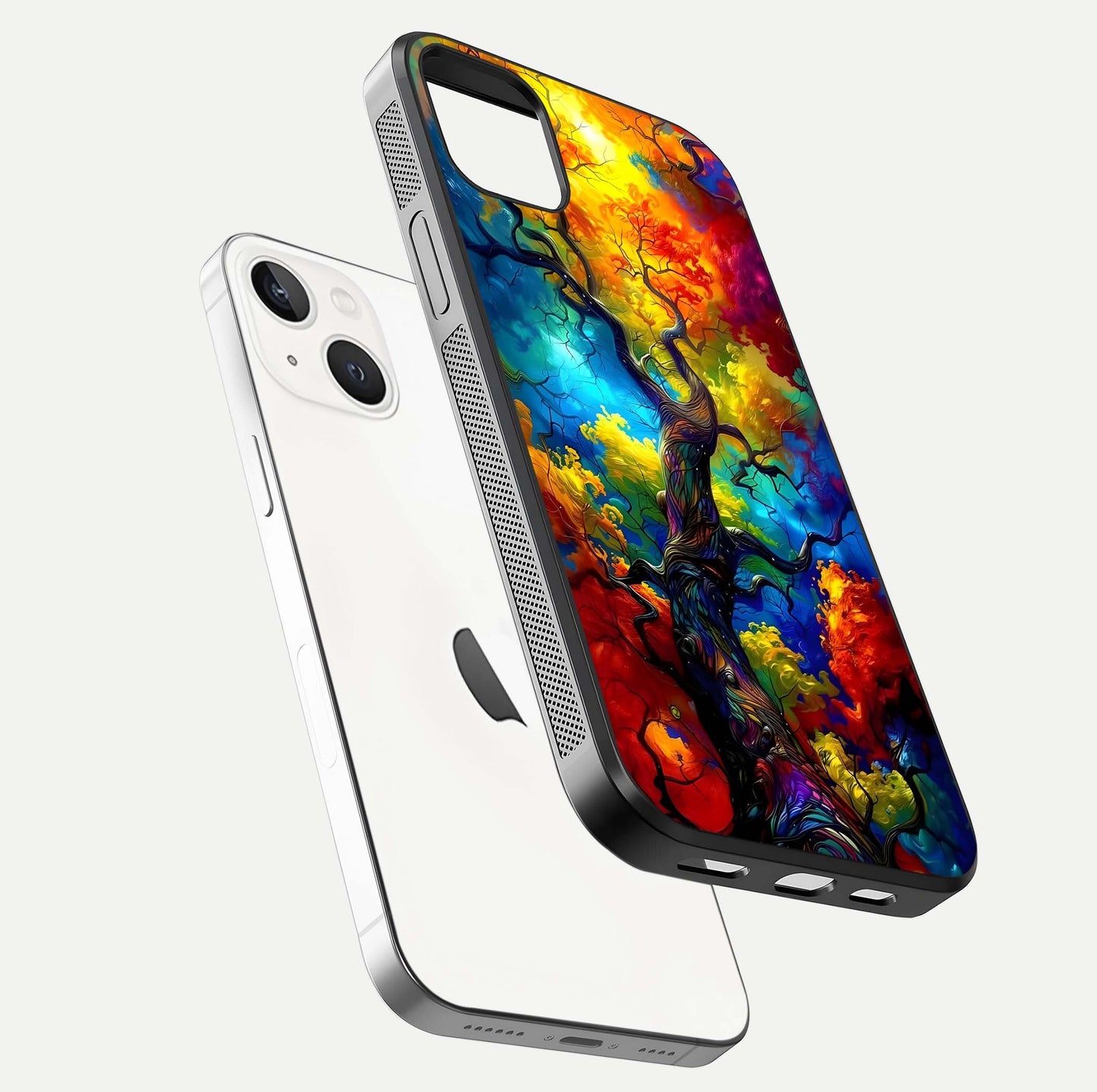Colorful Tree Glass Case for iPhone 14 Plus floating mockup showing reflection gloss and vivid hues