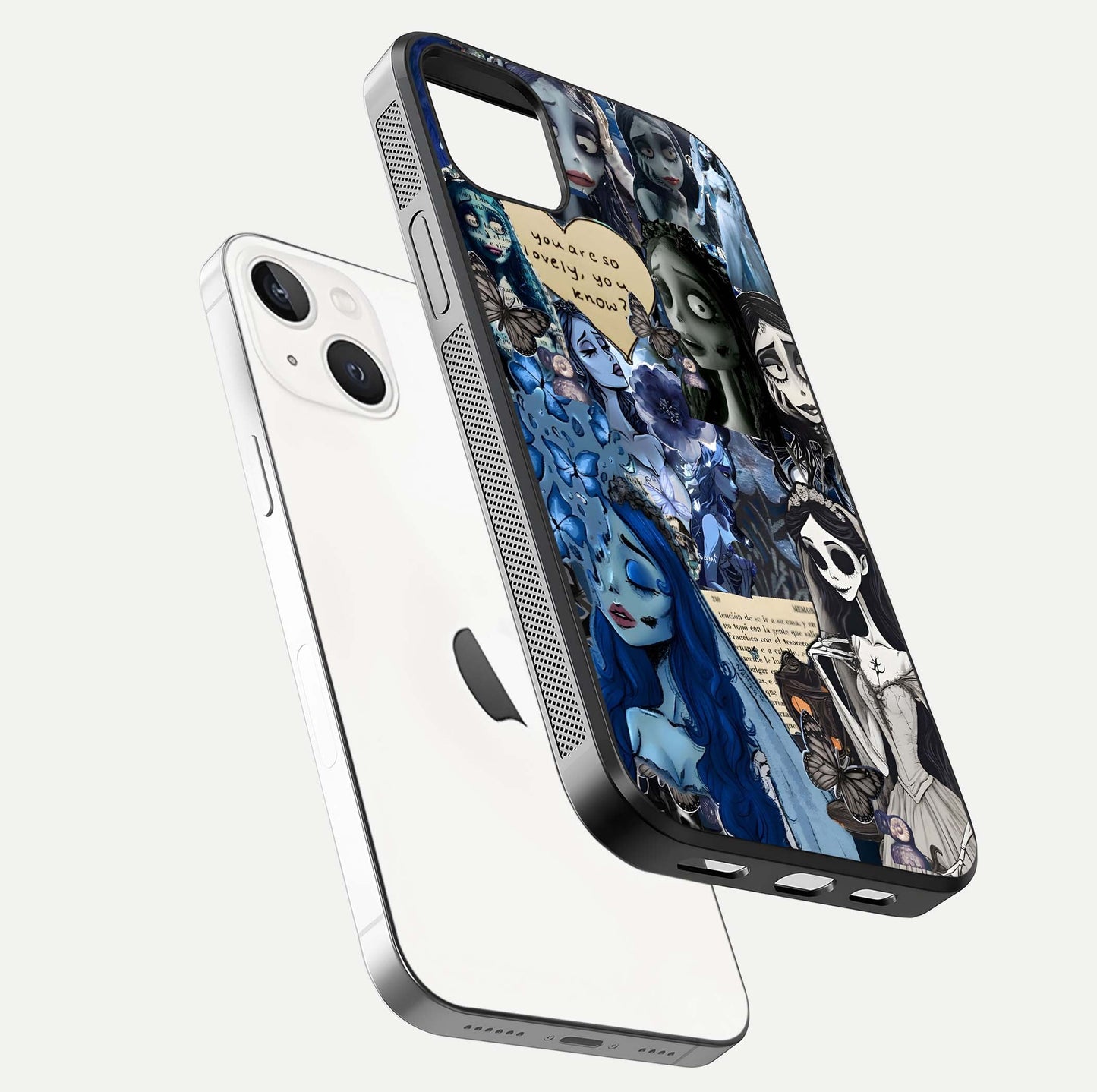 Corpse Bride Posters Glass Case for iPhone 14 Plus floating mockup showing shine texture and clear design