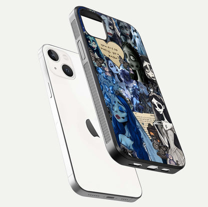 Corpse Bride Posters Glass Case for iPhone 14 Plus floating mockup showing shine texture and clear design
