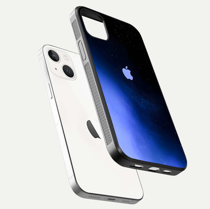 Cosmic Blue Apple Glass Case for iPhone 14 Plus floating mockup showing HD gloss and deep space gradient