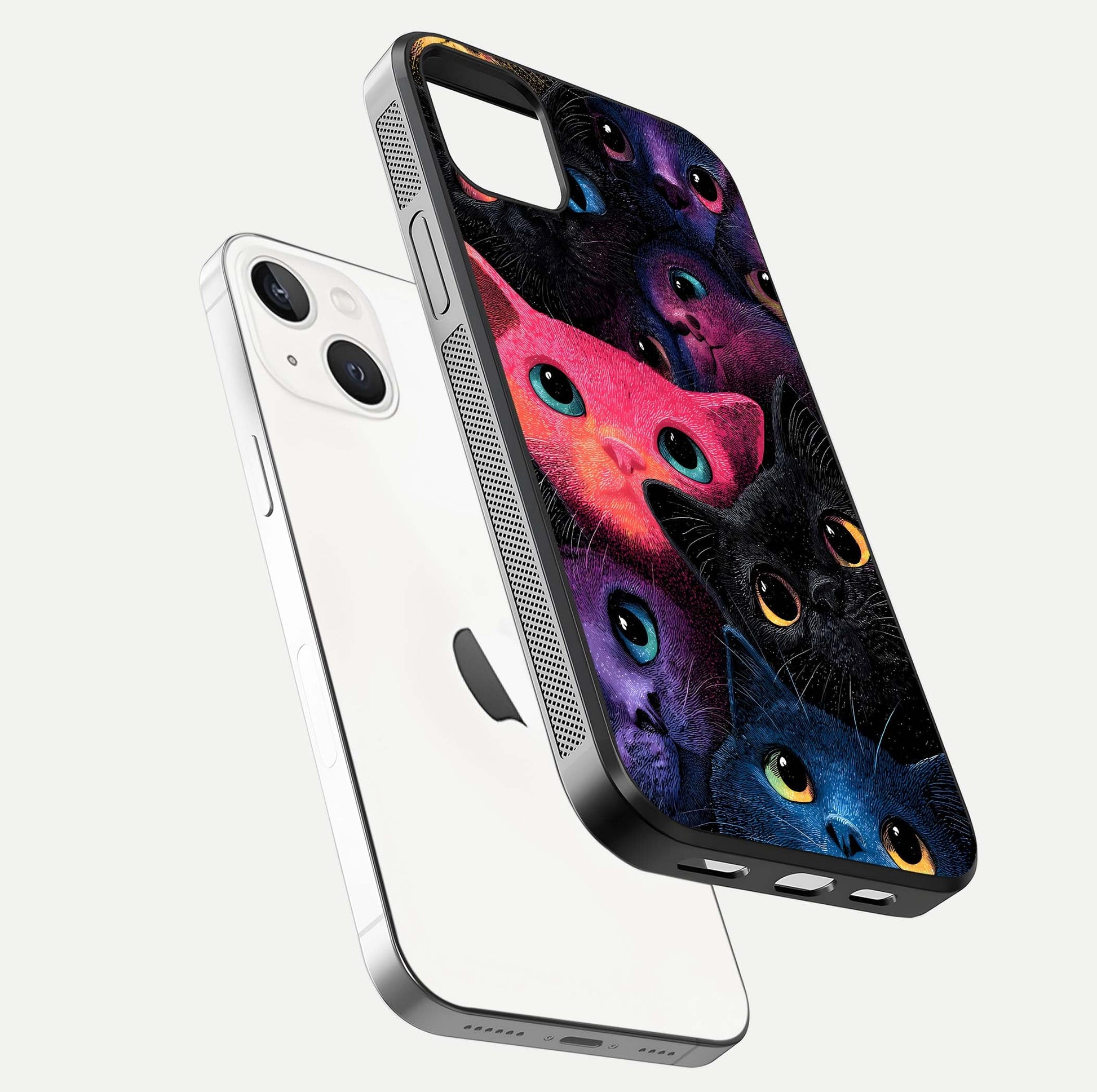 Cosmic Cats Dreams Glass Case for iPhone 14 Plus floating mockup showing star details and polish reflection
